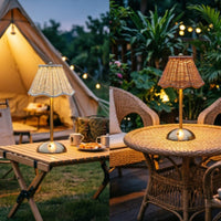 Rattan Table Lamp Metal Boho Rattan Table Lamp Type-C Charging for Outdoor