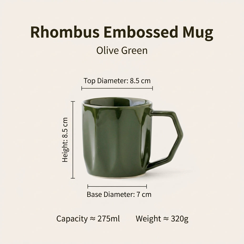 Embossed Diamond Shaped Coffee with Handle for Home Daily Use, Single Layer Geometric Cup for Adults, 275ml 9.3oz