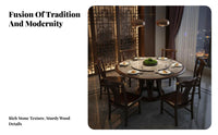 Solid Wood Dining Set with Turntable Heat Resistant New Chinese Design Dining Set High Temperature Resistance Kitchen Table with 6 Chairs for Families