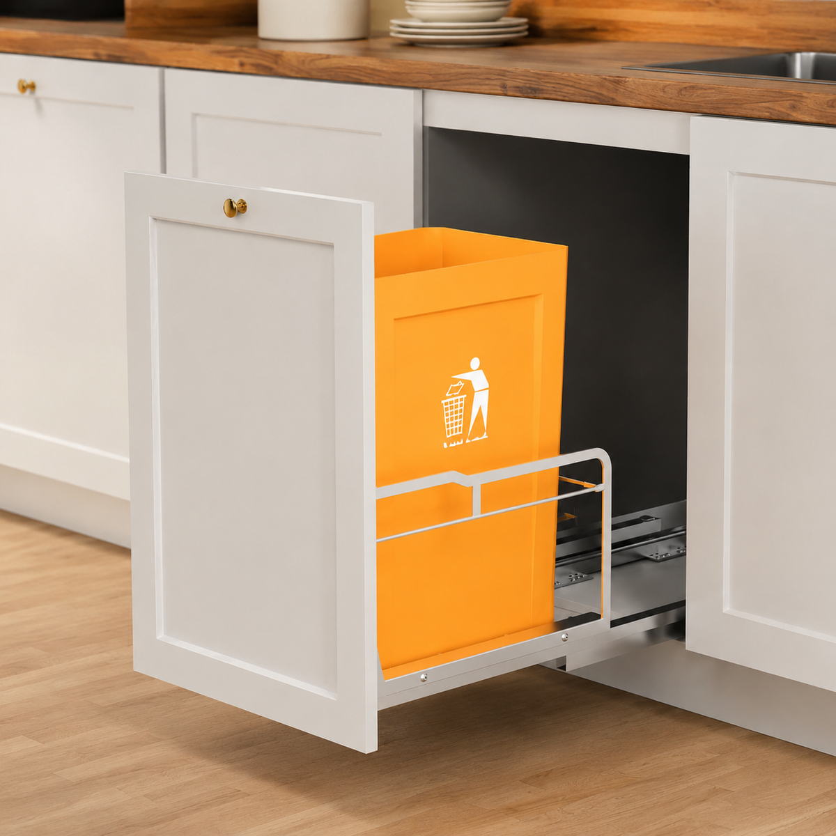 Kitchen Trash Bin, Sorting, Drawer, Slim, Silver, Telescopic Rail Type, 27.5cm, Metal, Set of 4