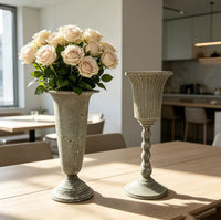 Rustic Metal Vase, Antique Gray, Trumpet Shape, for Faux Flowers