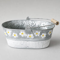 Galvanized Iron Planter with Handles Rustic Oval Metal Planter Embossed Floral Metal Plant Pot with Handles for Balcony