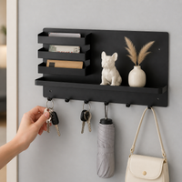 Black Carbon Steel Key Holder, Wall Mounted Key Hanger with Multiple Hooks & Mail Slot, Modern Minimalist Key Rack for Entryway Storage