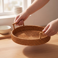Imitation Rattan Tray with Handles Versatile Woven Tray with Handles Lightweight Round Serving Basket for Kitchen Counter