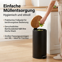 Round Trash Can Kitchen 30L, Step Trash Can with Wooden Lid, Odor-Sealed Trash Bin for Household