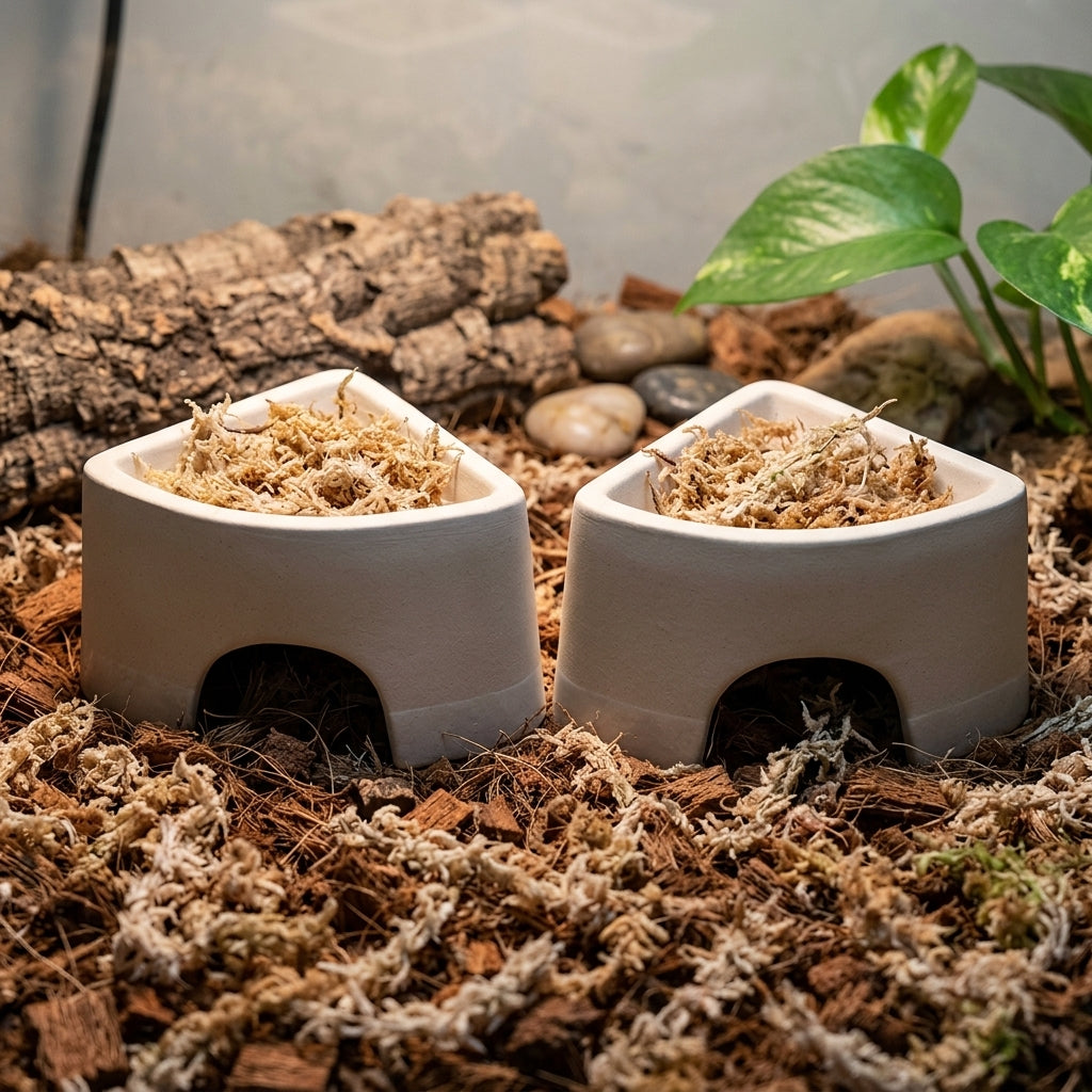 Terracotta Reptile Hide and 60mm Entrance Reptile Hide, Leopard Gecko Terrarium Accessories, Porous Moisture Retaining Cave for Shedding, Pack of 2