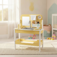Kids Vanity Set with Mirror Interactive Wooden Vanity Realistic Kids Play Sink for Young Children, Playroom, Bedroom