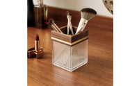 Acrylic Makeup Brush Holder Multi-Functional Square Vanity Brush Cup Elegant Design Walnut Wood Cosmetic Organizer for Office Desk, Washroom Counter