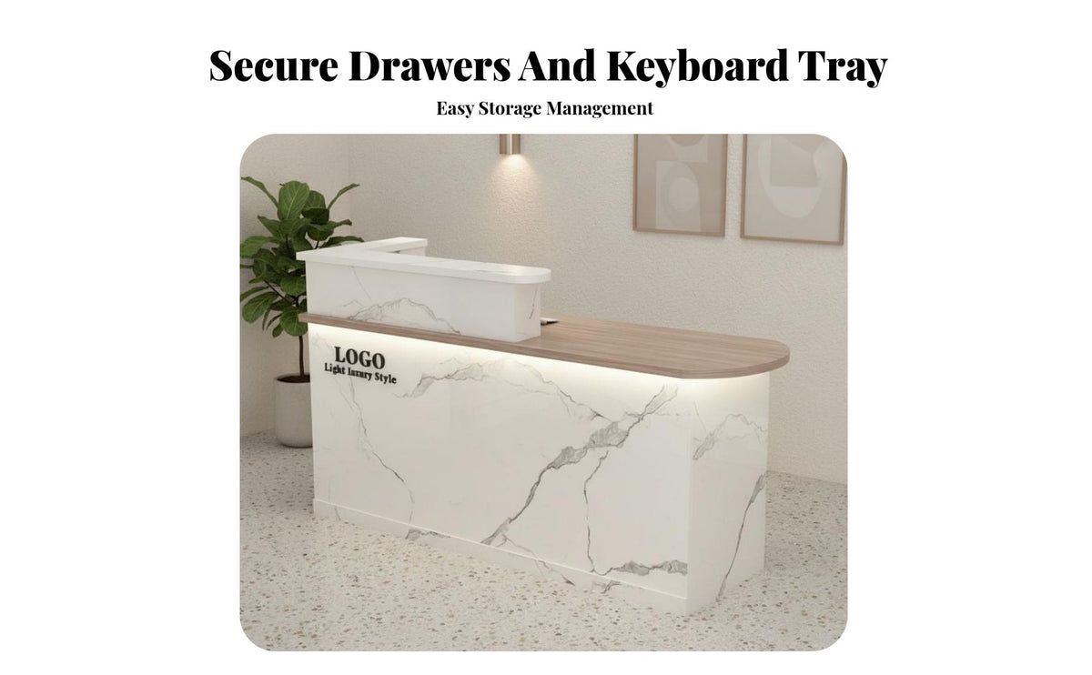 Modern Reception Desk Sturdy Construction Reception Desk Lockable Drawer Ier Checkout Counter for Customers, Office Workers, Company Lobby