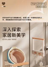 原木风吸盘式脸盆收纳架新款免打孔壁挂卫生间可折叠盆架挂盆神器