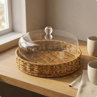 Cake Tray with Dome Domed Cover Woven Food Dome Warm Brown