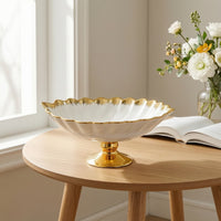 Ceramic Bowl with Pedestal Oval Fruit Bowl Gold-Rimmed for Sideboard