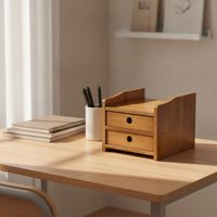Eco-Friendly Bamboo Storage Box with Drawers Compact Bamboo Desktop Organizer Space-Saving Desk Organizer with Drawers Layered for Professionals, Students, Home Office