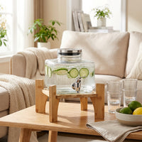 Glass Water Dispenser with Metal Stand, Square Juice Dispenser with Metal Tap, Light Frosted Crystal Pattern Beverage Dispenser