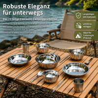 11-piece Camping Dinnerware Set, Stainless Steel Cutlery Set for 1 Person, Stackable, Perfect for Picnic, On-the-go, Vanlife, 20cm Plate
