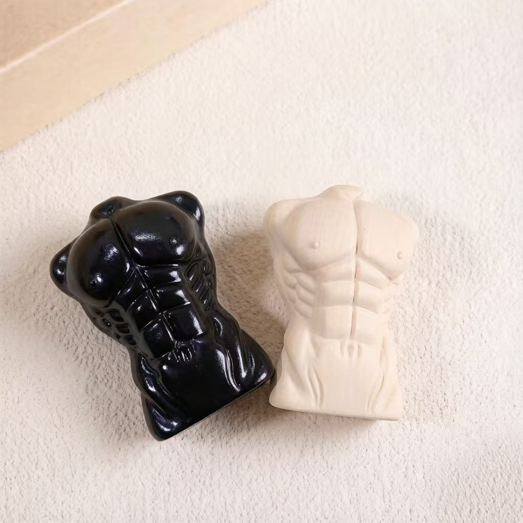 Carved Wood Muscle Man Hand Massage Roller, Boxwood or Ebony, Eight-Pack Abs Design