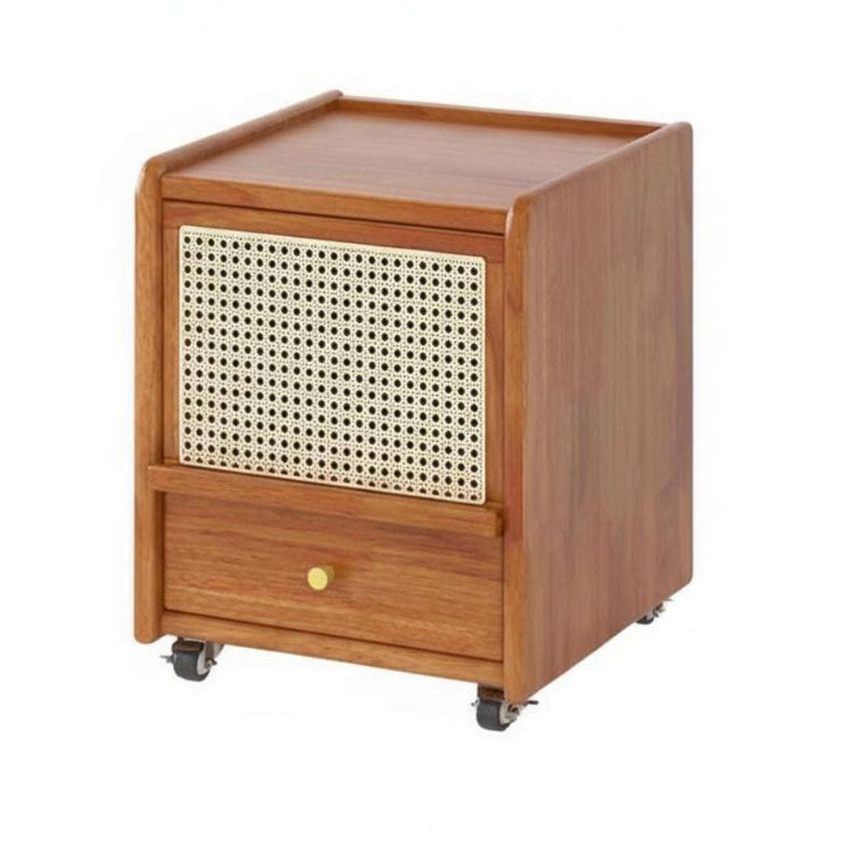 Rattan Nightstand Mobile with Wheels Rolling Rattan-Front Cabinet Narrow Design Sturdy Wood Legs for Renters, Homeowners