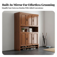 New Chinese Design Entryway Shoe Cabinet with Mirror Multi-Functional Walnut Wood Partition Cabinet Space Saving Multifunctional Hall Organizer Dust-Proof Cabinets for Apartment Dwellers, Homeowners, Families, Foyer, Hallway, Living Room