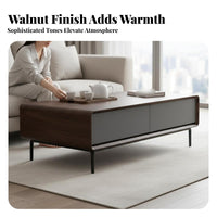 Black Walnut Finish Rectangular Coffee Table with Drawer Modern design Living Room Furniture Nordic Aesthetic Hidden Storage for Apartment Dwellers, Homeowners, Interior Designers, Lounge Area