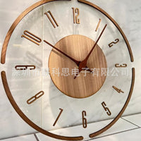 跨境新款北欧原木风圆形实木数字挂钟客厅创意装饰钟表静音时钟