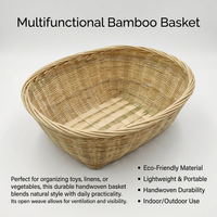 Handwoven Bamboo Storage Basket, Oval Organizer Basket, Pastoral Woven Basket, Laundry Basket, Home Organization Basket, 25cm Long