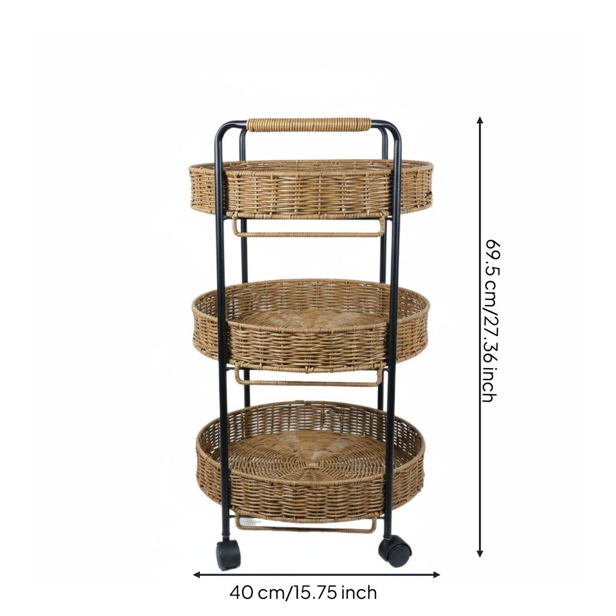 Imitation Rattan Rolling Cart Handwoven 3 Tier Basket Shelf Movable  Storage Cart for Living Room