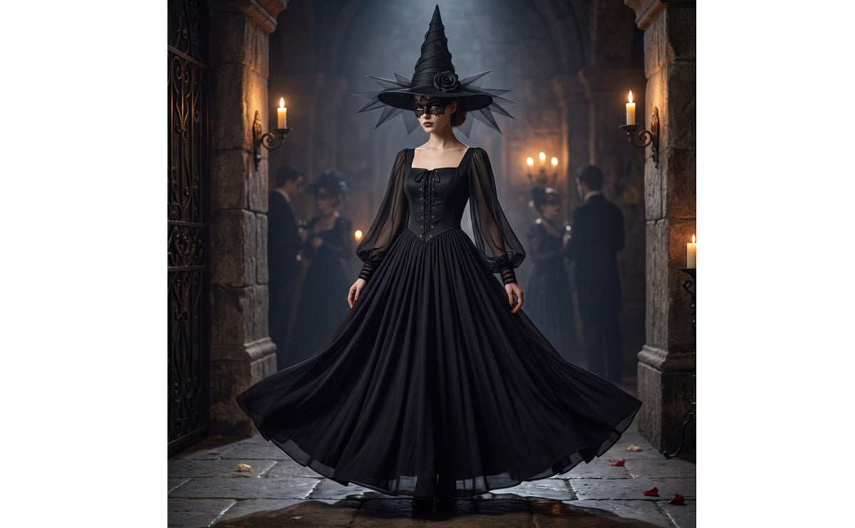 Halloween Witch Costume with Hat Black Witch Costume Corset-Style Gothic Dress transparentSleeved for Women, Cosplay