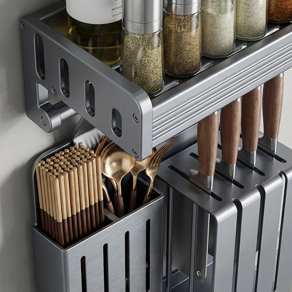 【Aluminium Construction】 This storage rack is crafted from premium aluminium with an oxidised finish, offering exceptional heat-resistant and wear-resistant properties that withstand daily use without marks.
【Interchangeable Accessory System】 The modular