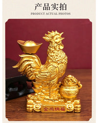 Golden Rooster Wealth Figurine with Gold Ingot, Desk Decor