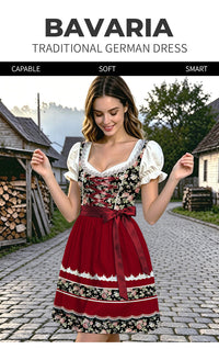2026 Munich Oktoberfest Dress Floral Puff Sleeve High-Waist Tie-Back Halloween Costume