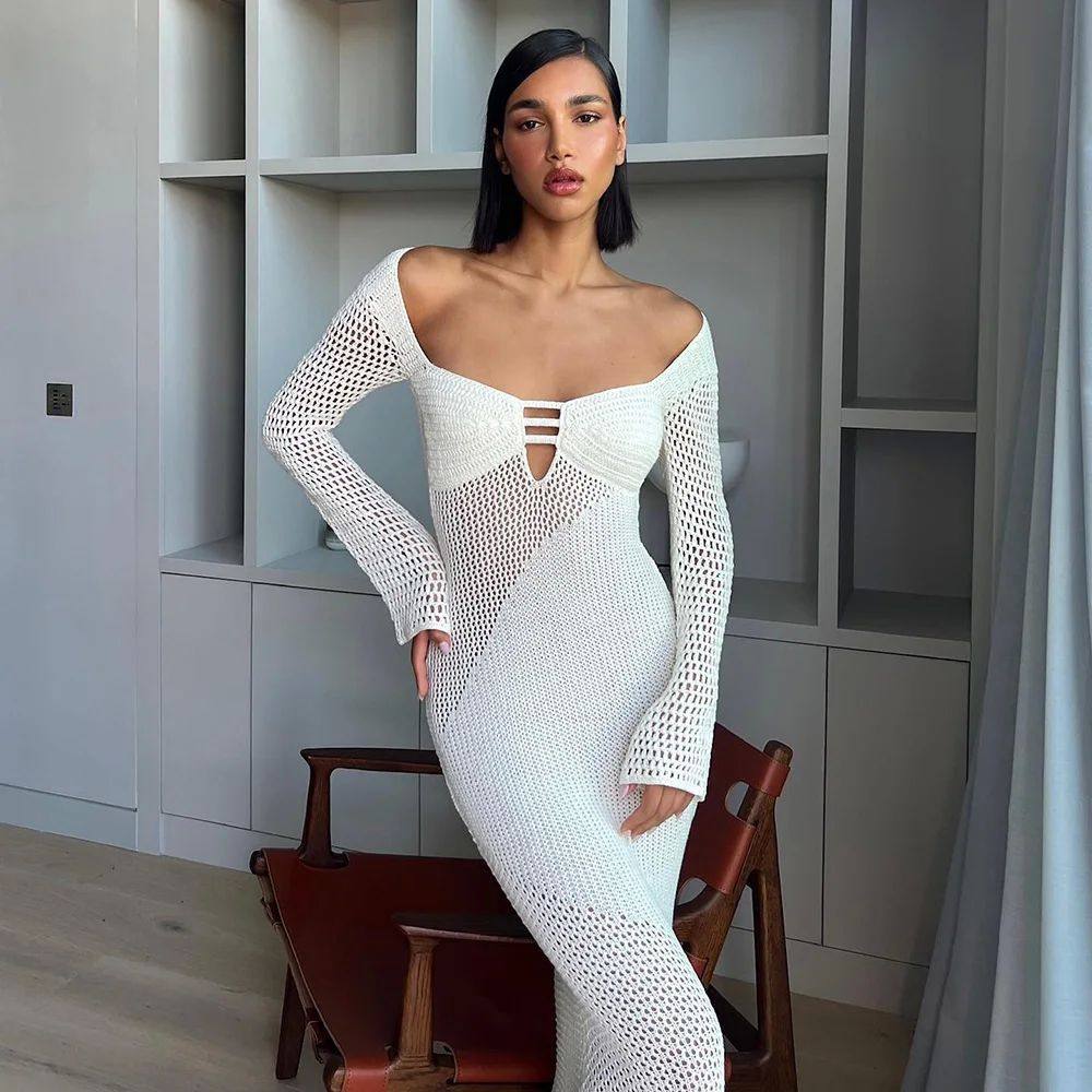 2024 White Crochet Backless Dress Hollow Out Bodycon Slit Ma