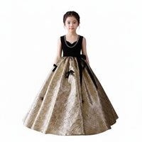 Beaded Bodice Velvet Top Performance Dress Full Skirt Girl's Ball Gown Bow Accents Kids' Formal Wear Elegant Design for Recital, Wedding