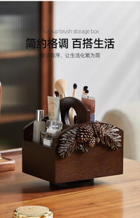那澜创意欧式美式田园桌面化妆品收纳盒木质可旋转遥控器收纳架子