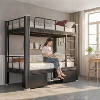 Bunk Bed with Shoe Shelf Space-Saving Metal Bunk Bed Heavy Duty Furniture for Students, Roommates, Dormitory, Apartment Housing