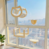Wall Mounted Cat Bed and Window Perch, Solid Wood Hammock Bed with Steps, Versatile Cat Hammock for Indoor Cats Playing and Climbing