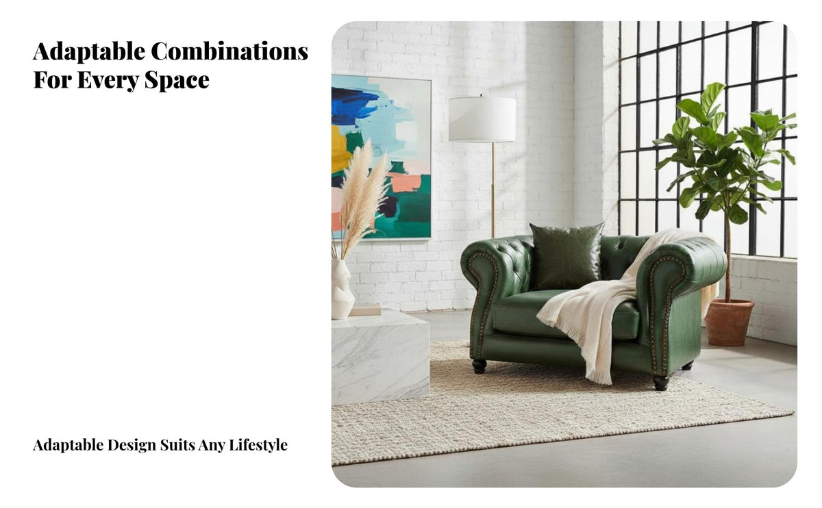 Genuine Leather emerald Button-Tufted Sofa Oil Wax Finish Button-Tufted Settee Vintage design Living Room Furniture timeless outline for Interior Designers, Apartment Dwellers, spirits Bar, Hotel Lobby, Office, Bedroom