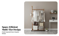Multi-Functional Freestanding Clothes Rack Space Saving Garment Rack with Shelves Large Capacity Wooden Coat Stand Stable Structure for Renters, Homeowners, Students, Bedroom, Entryway, Living Room, Apartment