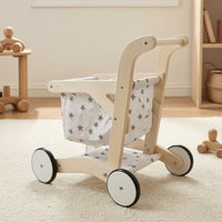 Toy Pram with Textile Basket Pretend Play Doll Stroller Wooden Toy Cart Sturdy Kids Shopping Cart Roomy for Toddlers, Playroom