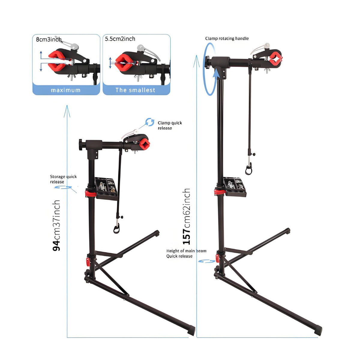 Foldable Design Adjustable Two-Wheeler Maintenance Stand Includes Tool Tray Bike Repair Stand Floor Bike Repair Rack for Cyclists, Workshop