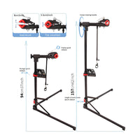 Foldable Design Adjustable Two-Wheeler Maintenance Stand Includes Tool Tray Bike Repair Stand Floor Bike Repair Rack for Cyclists, Workshop