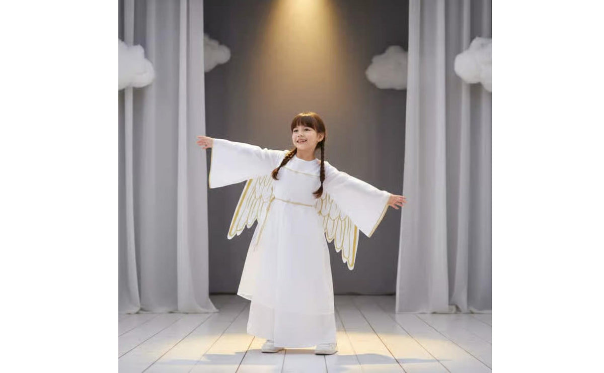 Celestial Costume with Feathered Appendages and Radiant Circlet Lightweight Kids Celestial Dress with Feathered Appendages And