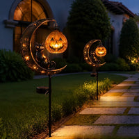 Solar Black Cat & Pumpkin Moon Stake Light
