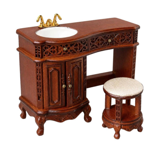 1:12 Scale Dollhouse Vanity with Stool 1:12 Scale Dollhouse Vanity with Washbasin Vintage Style Sink Cabinet for Miniaturists
