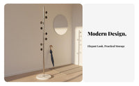 Modern Aesthetic Freestanding Coat Rack Multi-Hook Design Metal and Wood Coat Tree Stable Base Vertical Clothes Hanger Stand Heavy Duty for Families, Homeowners, Renters, Living Room, Bedroom, Entryway, Hallway