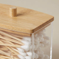 Acrylic Swab Dispenser with Bamboo Lid, Storage Jar Makeup Organiser, Vanity Organizer Clear Acrylic, Small Swab Container, Modern Minimalist