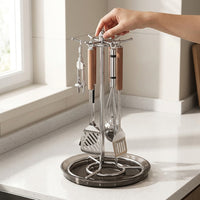 Kitchen Tool Storage, Stainless Steel, With Draining, 17x19x46cm, Rotating, 6 Hooks, Cutlery Holder