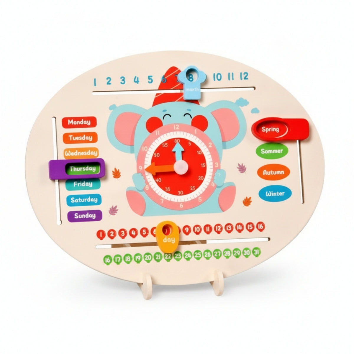 Printed English Labels Calendar Clock Board Movable Hands Clock Calendar Board Sliding Pieces Teaching Aid Colorful for Preschoolers, Children, Teachers, Classroom