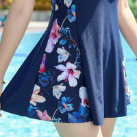 Swimsuits for Women with Short Sleeve Design for Water Sports, Plus Size Modest Floral Skirted for