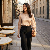 Women's Satin Long Sleeve Blouse Elegant Design Satin Blouse Business Casual Lantern Sleeve Shirt for Professionals, Young Adults, Vacation, Daily Wear