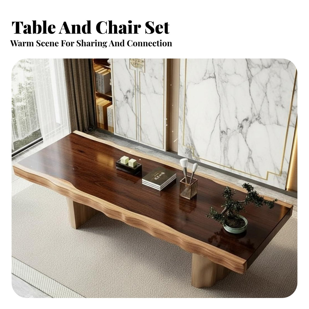 Unfinished Border Slab Dining Set Chinese Form & Arrangement Modern Statement Table Grain Pattern Indoor Furnishing for Infusion Aficionados, Home